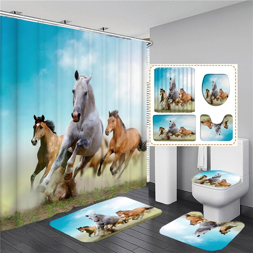 Running Horse Print Bathroom Set Shower Curtain with Anti-slip Flannel Bathing Mat Doormat Toilet Lid Cover Home Kitchen Carpet