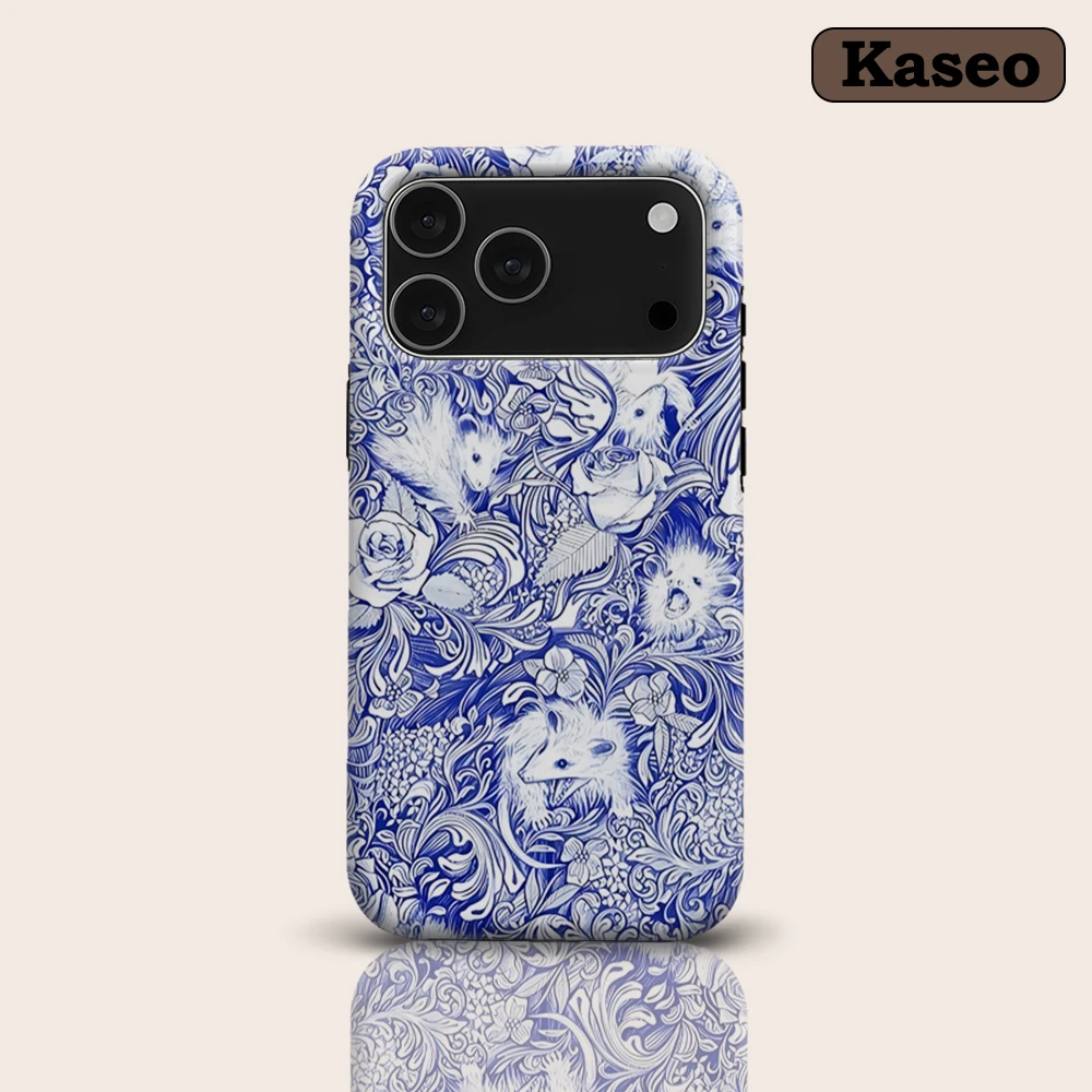 KASEO Matte Bumper for Magsafe Case for IPhone 17 16 15 14 Plus 13 Pro Max Shockproof Hard PC Blue Opossum Damask Cover