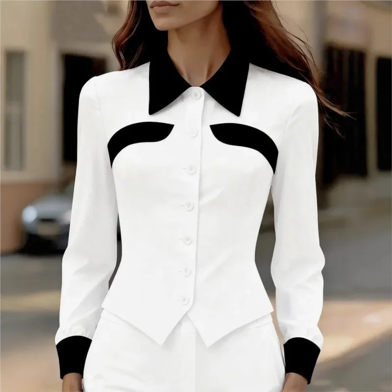 

Элегантная женская офисная блузка с длинным рукавом, приталенная, с цветовыми блоками, на пуговицах, дышащая, для работы, собеседований и деловых встреч