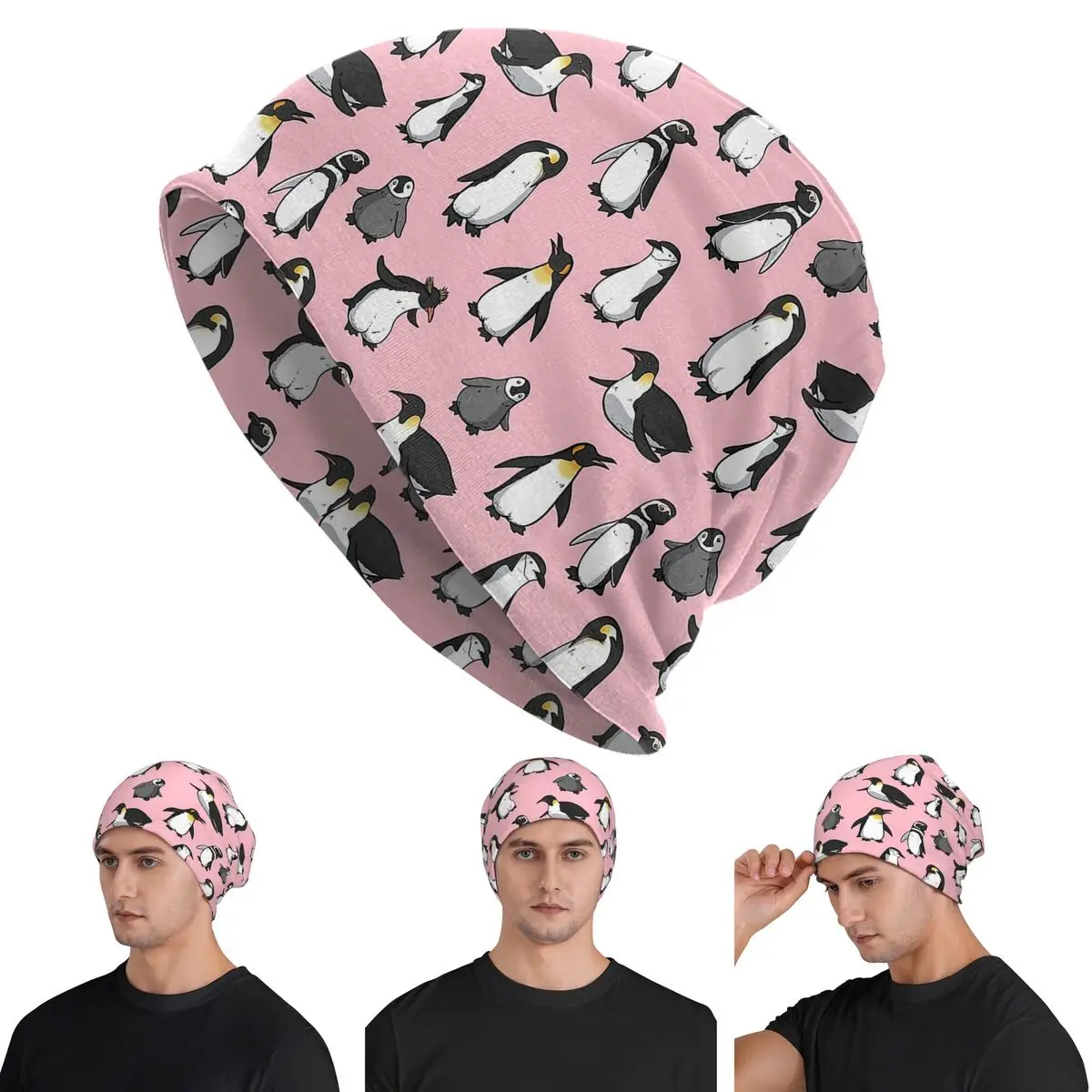 

Милые шапки с рисунком пингвина (розовый вариант), шапки Skullies, теплая осенне-зимняя уличная шапка, вязаные шапки для взрослых унисекс