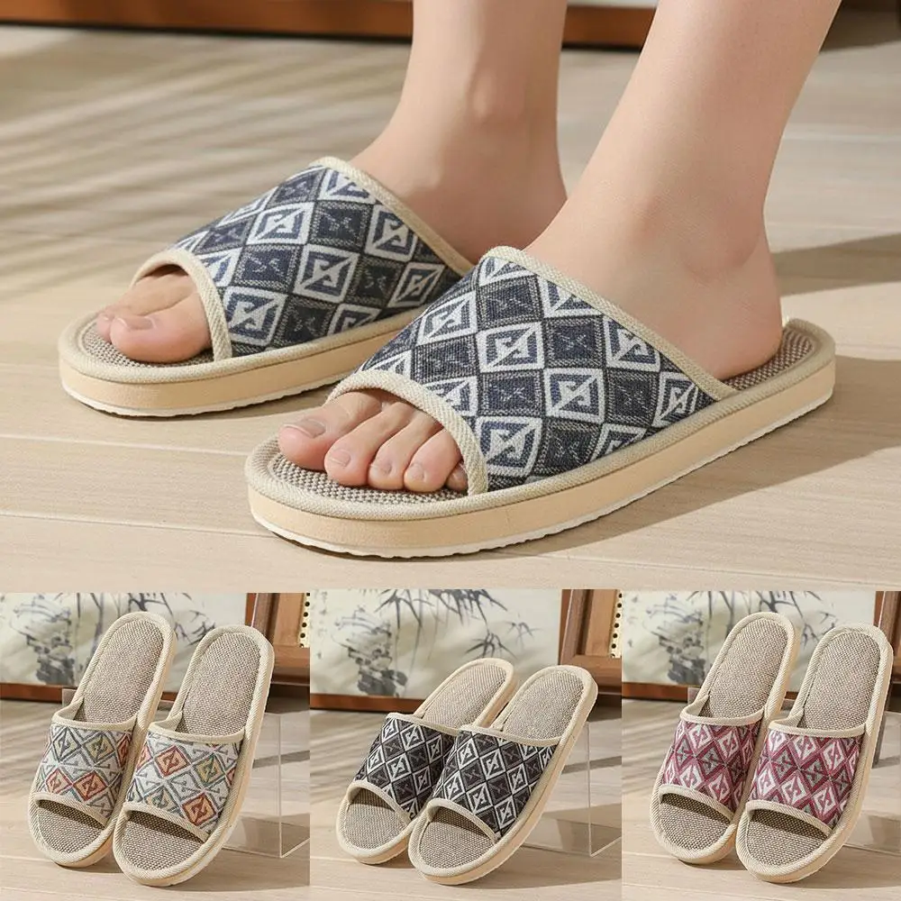 Four Season Couple's Multicolor Linen Slippers Women Indoor Striped Non-Slip Sandals Men Comfort Indoor Floor Breathable Slides