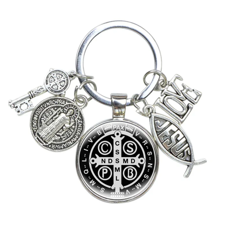 Saint Benedict Medallion Keychain Religious Jewelry I LOVE JESUS Alloy Crafts Charms Domed Glass Catholic San Benito Key Ring