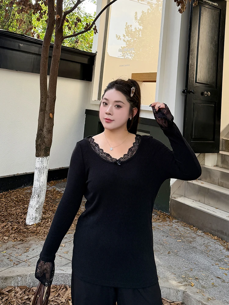 

plus Size Women's Lace Trim Knitwear Long Sleeve Base Layer T-Shirt Autumn Winter Style Korean Loose Fit V-Neck Mid-Length