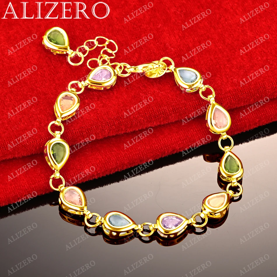 

ALIZERO 925 Sterling Silver 18K Gold Plated Water Drop Multicolor Zircon Bracelet For Women Fashion Accessories Charm Jewelry