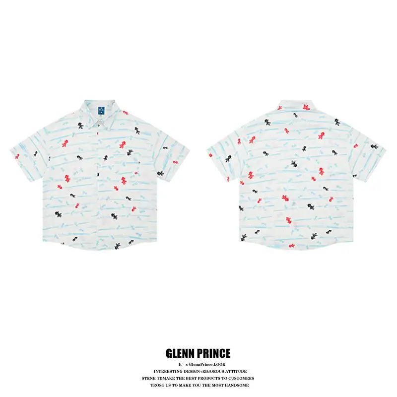 BEIANJI men clothing Japanese retro fun small fish full print short-sleeved shirt men's trendy brand loose casual flower shirt