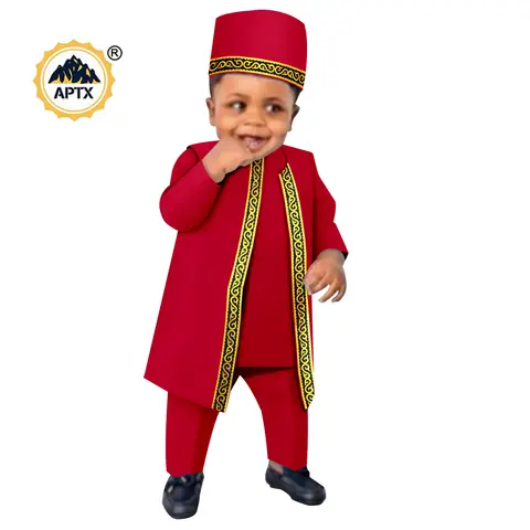 African Boys Outfits Dashiki Clothes for Kids Traditional Children 4 Pieces Vest + Shirt + Pants + Hat Muslim Sets Y224032