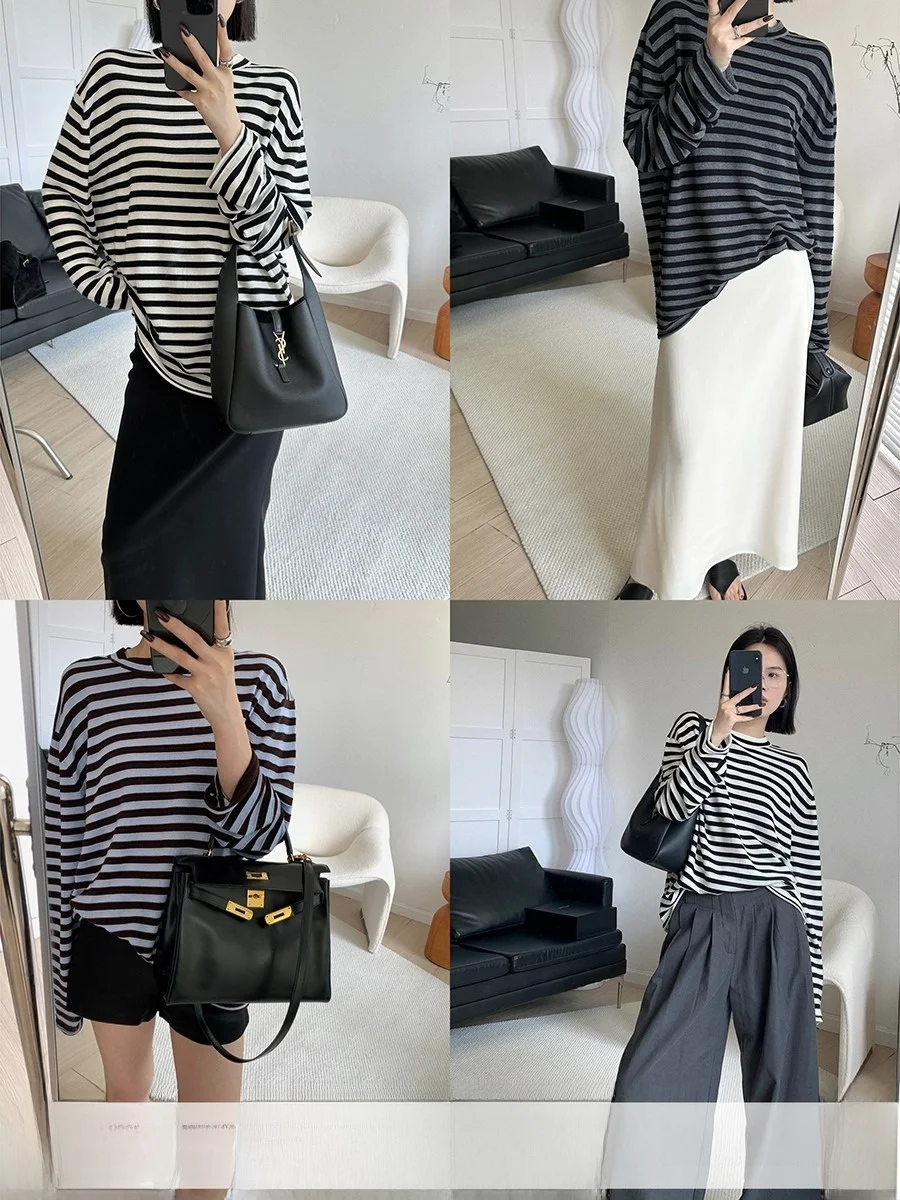 

MUCCHIC Knitted Stripe Sweater Loose Long Sve round Ne Relaxing Sle Wool Blend Casual Versatile Autumn Top
