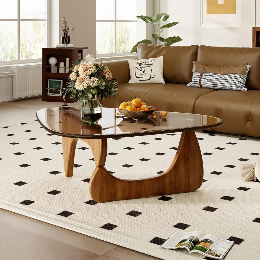 Coffee Table for Living Room Mid Century Modern Center Table with Glass Top and Oak Wood Brown Walnut