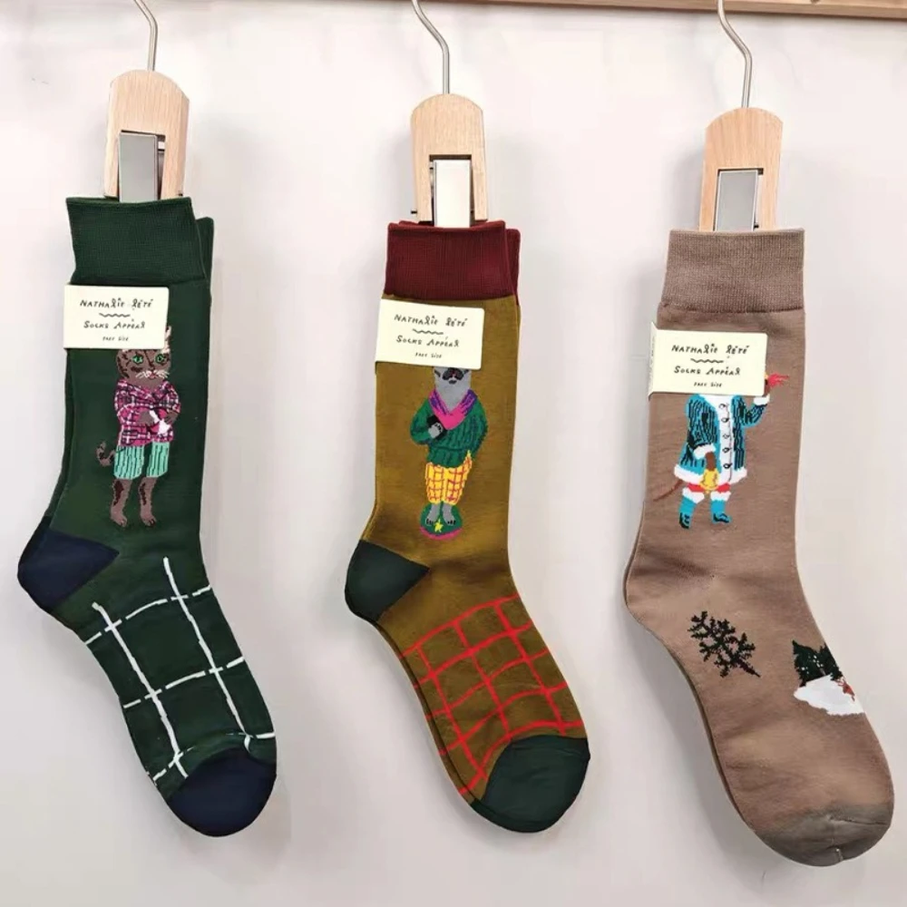 Socks Appeal Women Mid Calf Socks Vintage Cartoon Asymmetric Cotton Crew Socks Cute Animal Pattern Breathable Trendy for Women