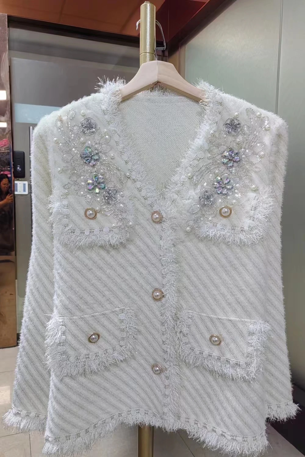 Real Photo Luxury Style Sparkle Diamonds Stitch Knitwear Cardigan Coat For Women Autumn Winter Off White Sweater Outwear Jacket