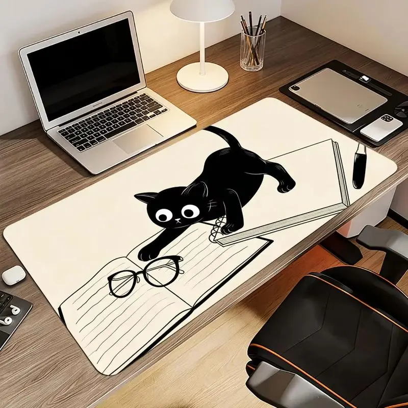 VIKAMA Literary Cute Black Kitten Mousepad Cream Book Line Drawing Waterproof Non Slip Oversized Computer Desk Mat