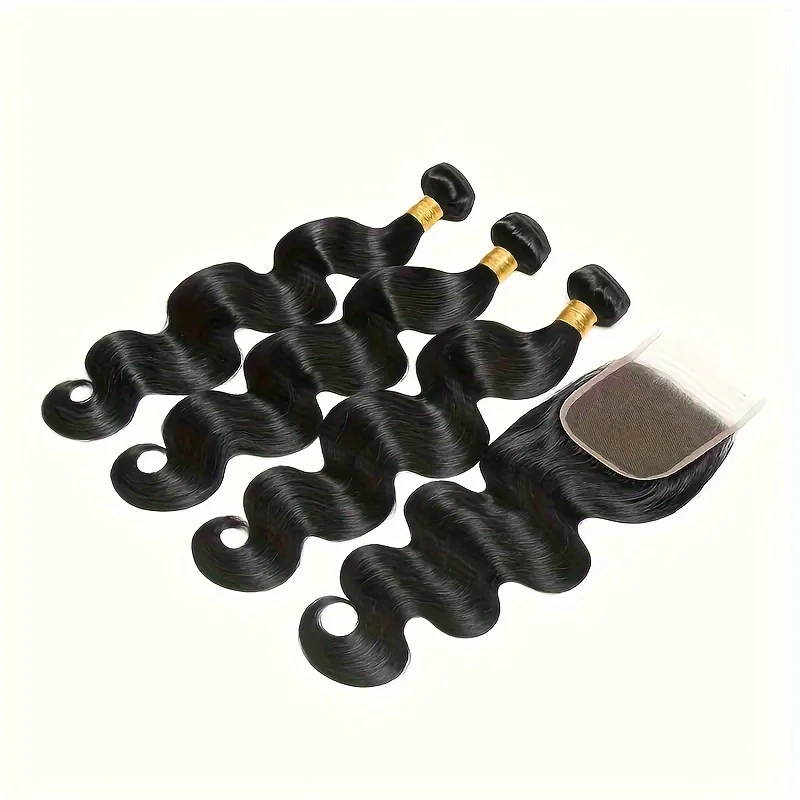 Capelli dell'onda del corpo 3 pacchi con chiusura in pizzo 4x4 Estensioni dei capelli umani al 100% Onda del corpo peruviana con chiusura Parte libera può essere tinta