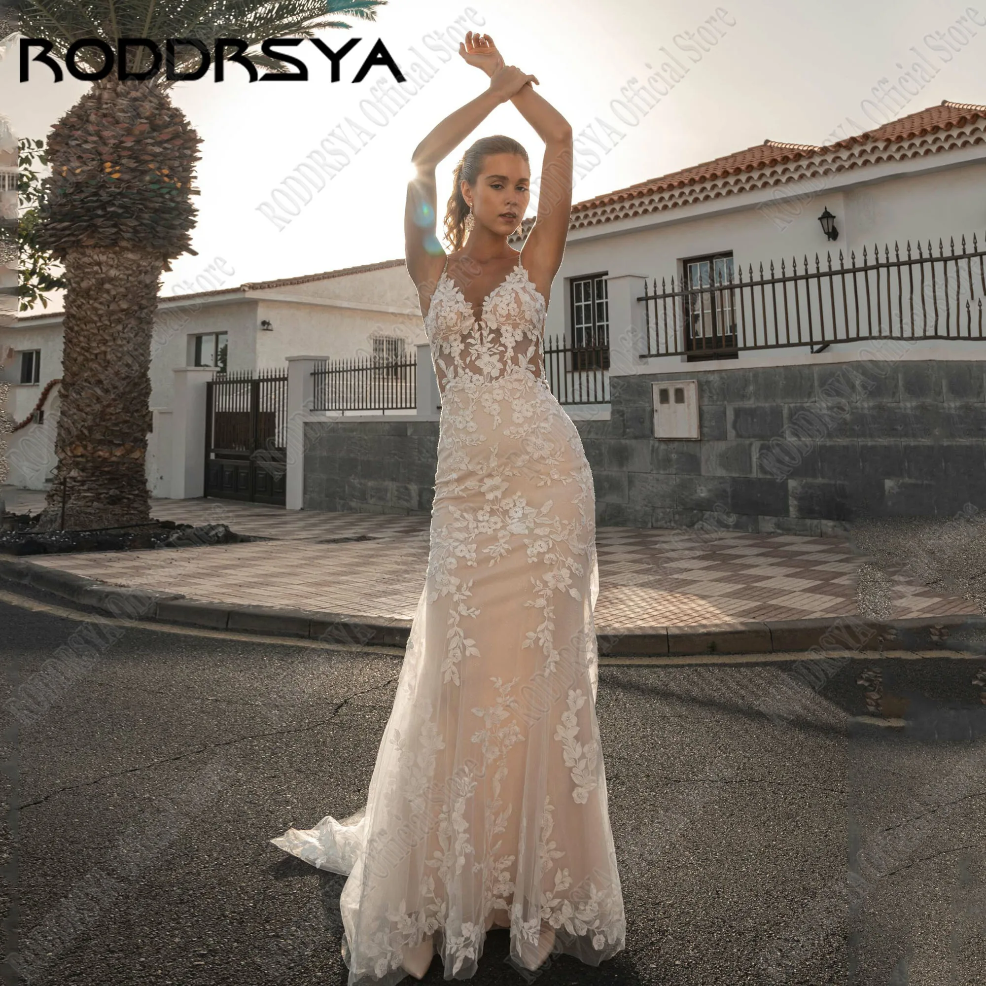 

RODDRSYA Mermaid Wedding Dress Bride Luxury 2024 Backless V-Neck Spaghetti Straps Vestidos De Novia Applique Glitter Tulle