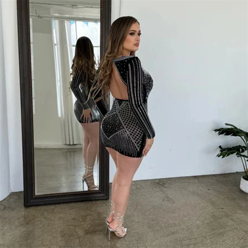 여성용 긴팔 오픈 바디콘 라인스톤 미니 파티 원피스, 생일 컷 아웃 다이아몬드, 섹시 슬림 나이트 클럽 원피스, 2024 가을