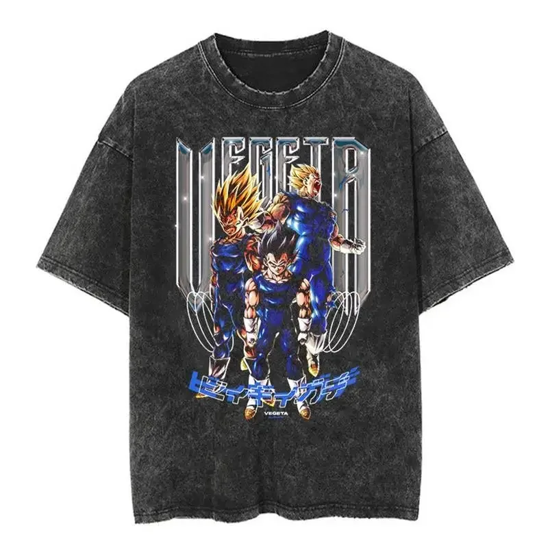 

2025 Hot BANDAI Japanese Classic Dragon Ball Goku Cartoon Anime High Street Vintage Washed Do Old Short Sleeve Summer T-shirt