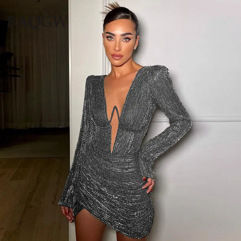 Sparkly Long Sleeve Mini Dress Women Fashion Elegant Low Cut Sexy Mini Dresses Ladies 2023 Autumn Evening Party Club White Dress