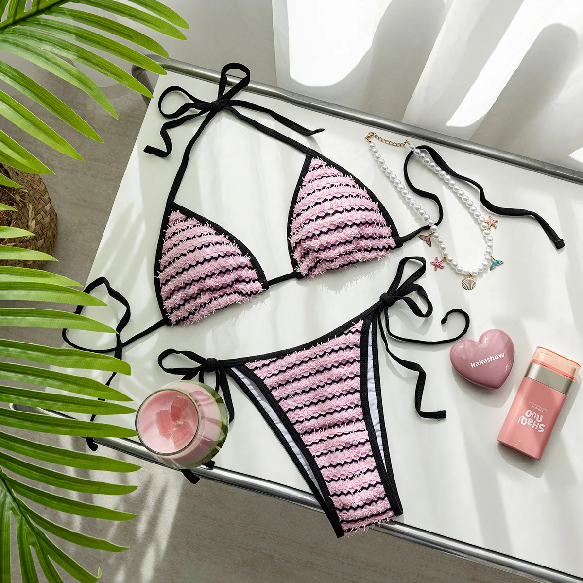 sexy pink black wave striped bikinis sets two pieces halter tie micro swimsuits bathing suit swimwear biquini tankini trikini