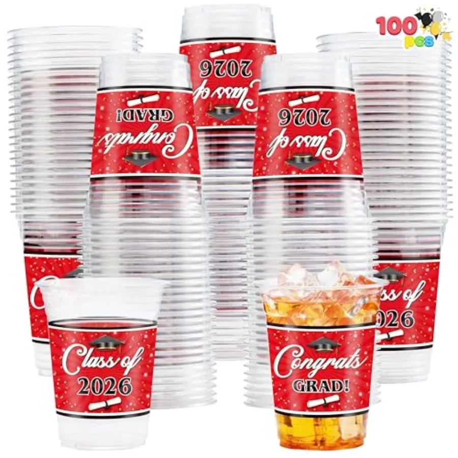 

100 Pcs 16oz Graduation Party Plastic Cups,Grad Disposable Cups for Class of 2026 Graduates, PET Cup Tableware Bulk for 2026 Hi