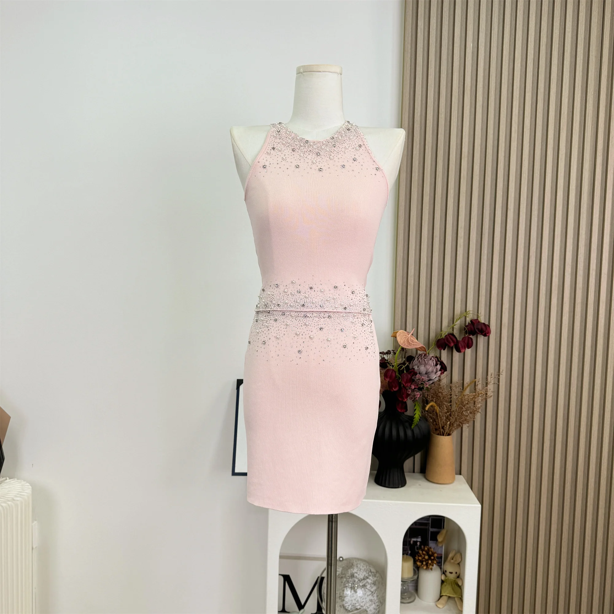 

2025 Summer Diamonds Knitted 2 Piece Set For Womem Nail Bead Top + Short Skirt Two Piece y2k Outfit Ensemble Femme