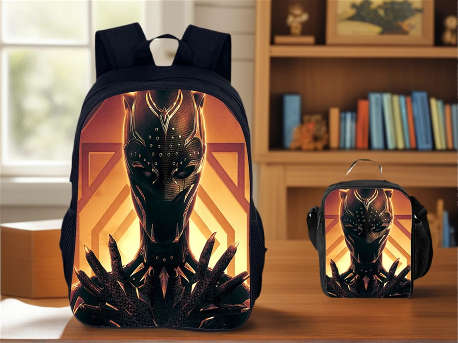 

Unisex Boy Girl Canvas Backpack and Reusable Lunch Box 2Pcs Set,Black Panther School Daypack