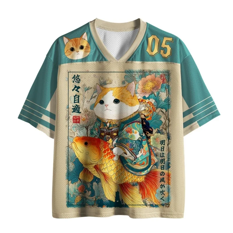 Unisex Ukiyo-E Cat Koi Fish Football Jersey Japanese Floral Art Print V-Neck Number 05 Short Sleeve Sports Tee