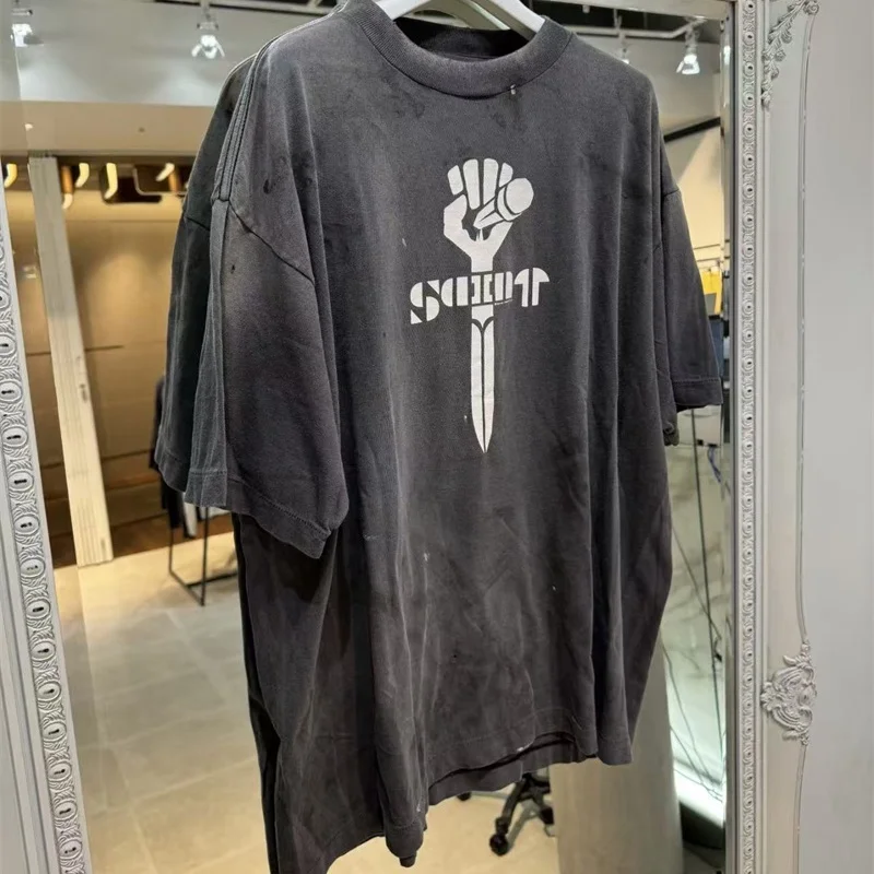 

High Street Vintage Washed Black Oversized Saint T-Shirt Premium Quality Cracked Pattern Print Men Women Cotton Short-Sleeve