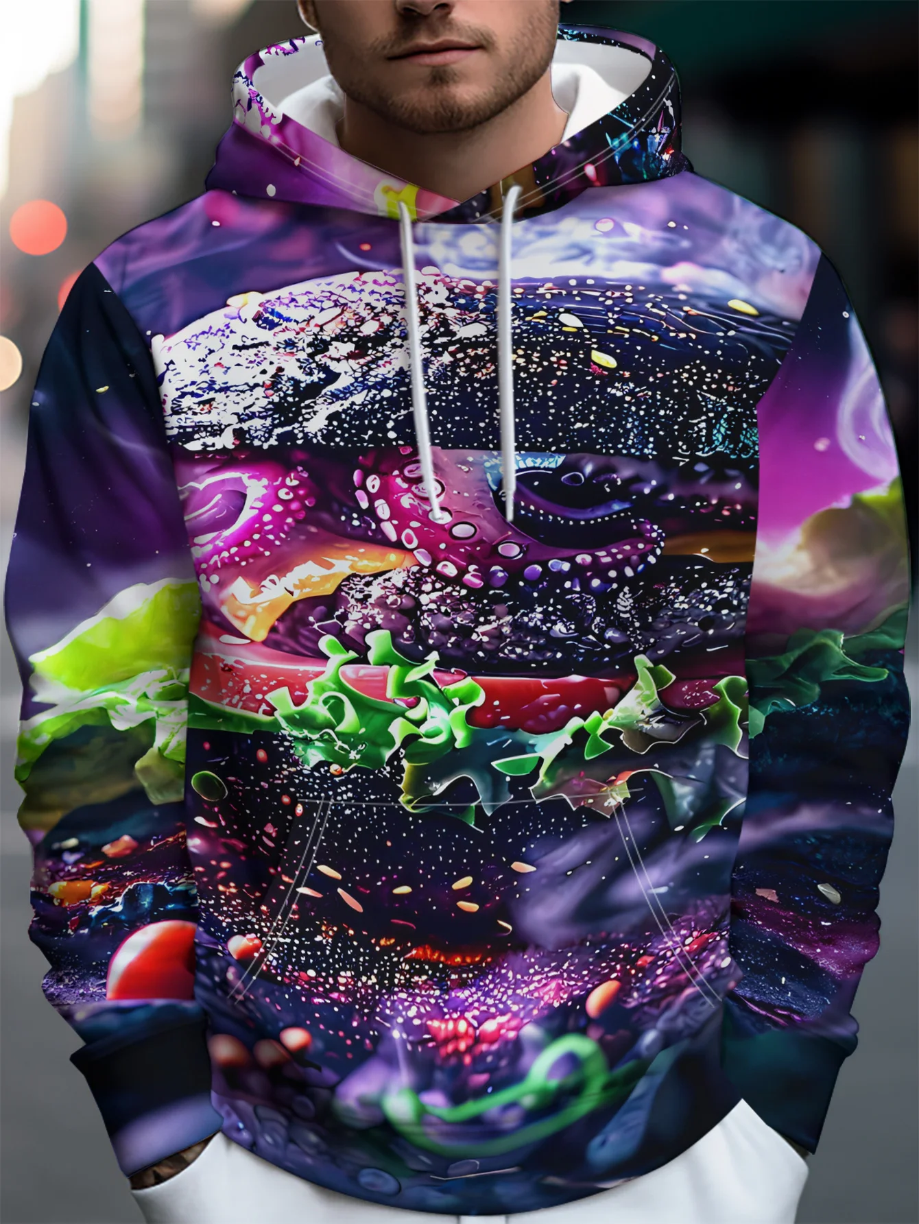 Men Galaxy Burger 3D Full Print Hoodie Cosmic Food Graphic Casual Long Sleeve Street Hooded Sweatshirt