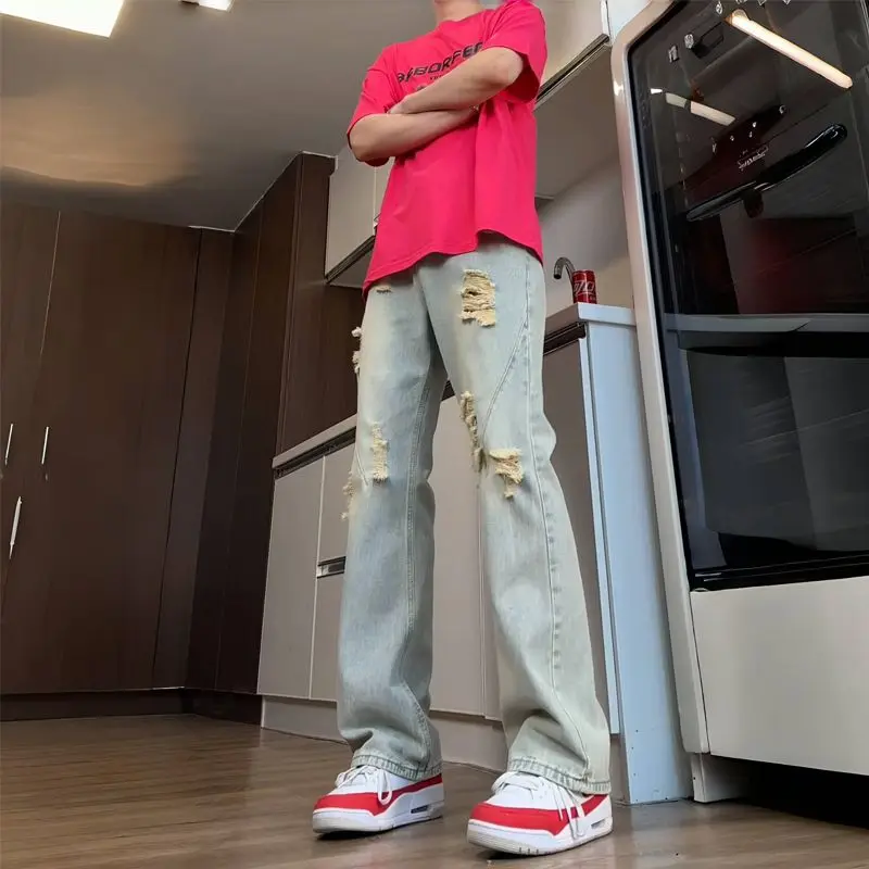 

Retro Blue Ripped Jeans Men's Summer Thin Straight Fit American High Street Bell Bottoms Youth Fashion Straight Leg Jeans