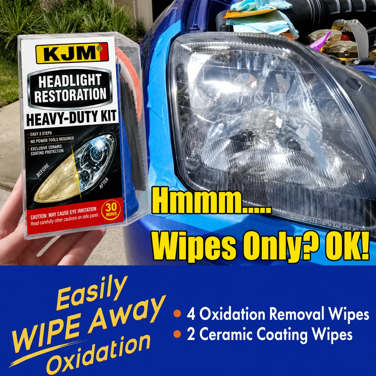 KJM Car Headlight Restoration Kit Plastic Lens Repair Set With Sanding Discs Wax Protectant Tape For Headlights Taillights