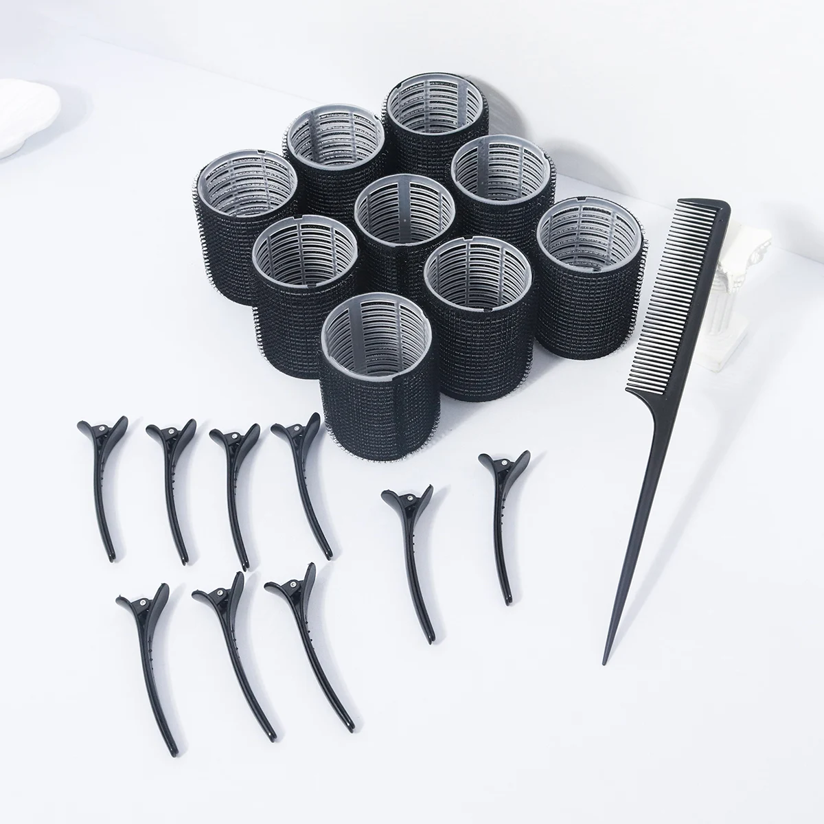 Kit di accessori per capelli styling da 19 pezzi, bigodino senza calore, clip a becco d'anatra, pettine a denti fini a coda appuntita, speciale per parrucche di capelli veri