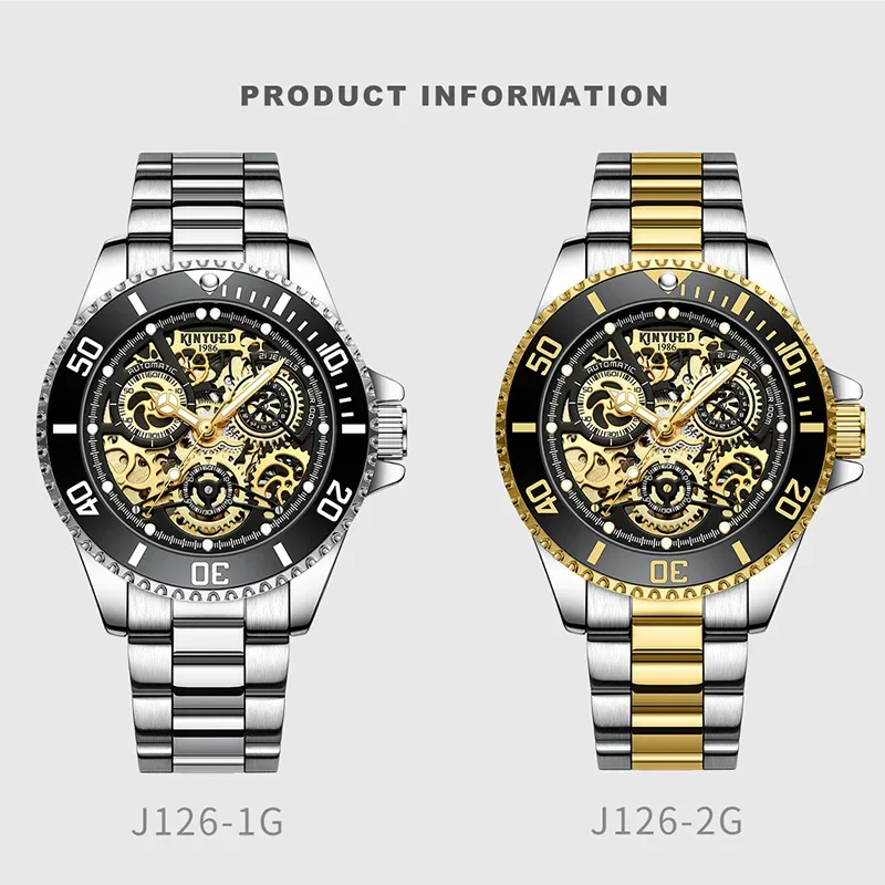 Kinyued Men Mechanical Automatic Wristwatches 30m Waterproof Hand Luminous Staniless Steel Strap Business Watches for Man