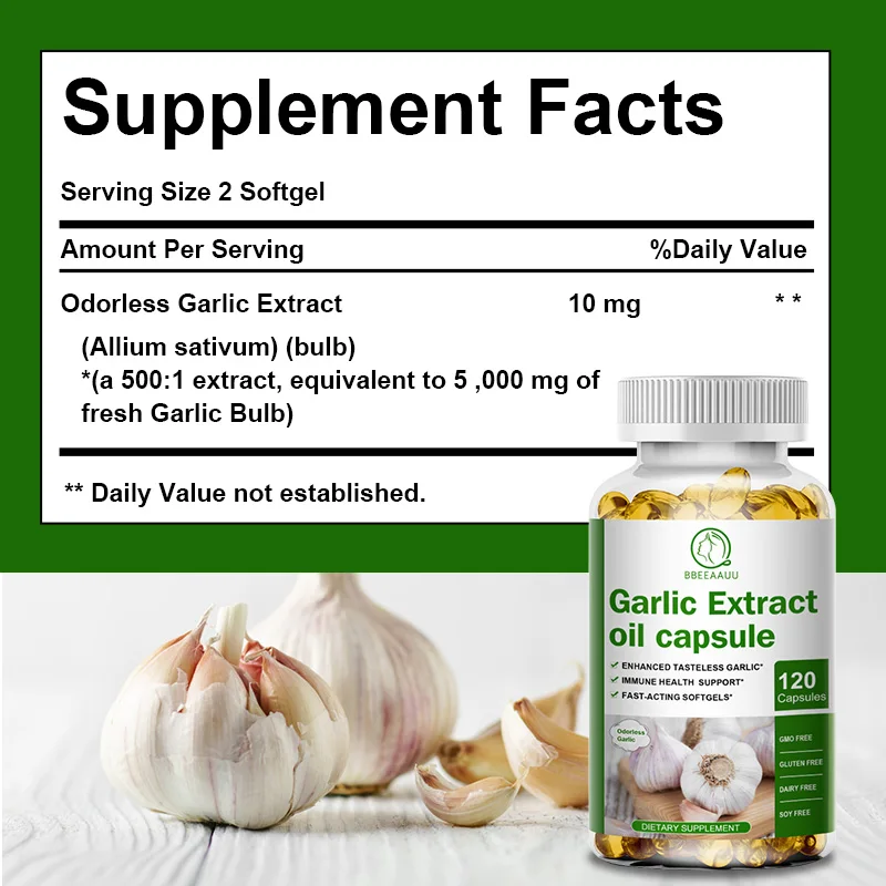 BBEEAAUU No Odor Garlic Extract Capsules for 10mg Soft Gel Promotes Healthy Cholesterol Level and Immune System Support