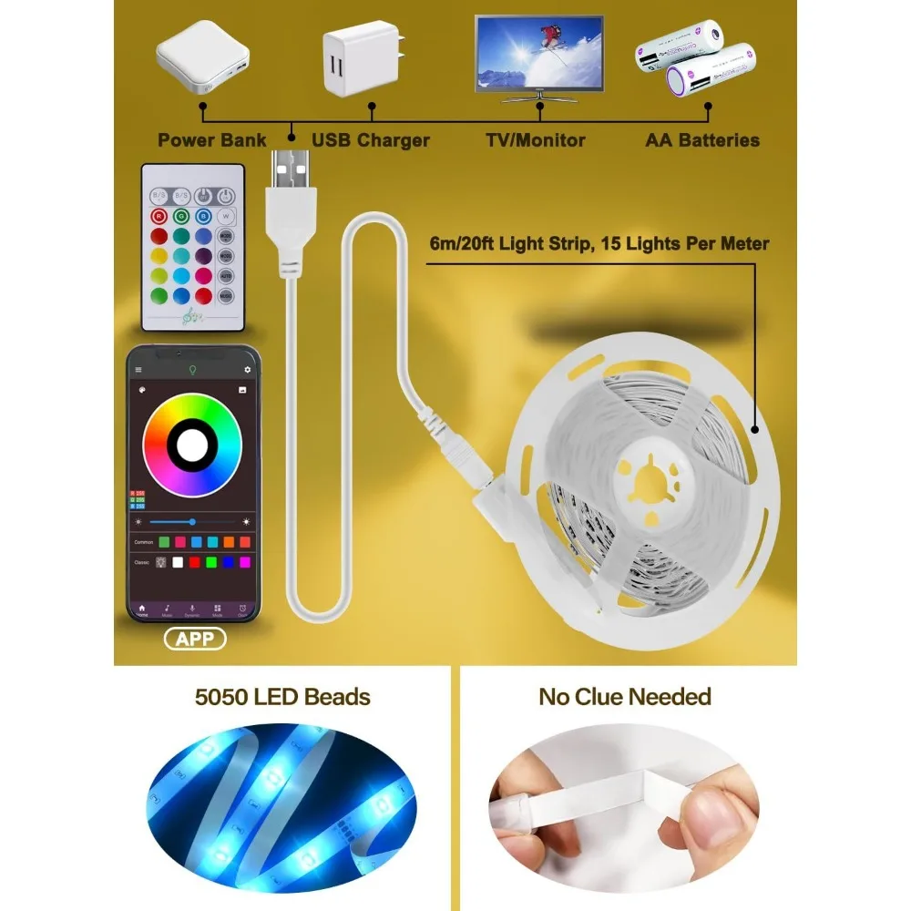 Luces LED para TV, retroiluminación de TV de 20 pies para 32-80 pulgadas, tira de luz USB con control remoto, control por aplicación, tira de luces RGB, sincronización de música en color