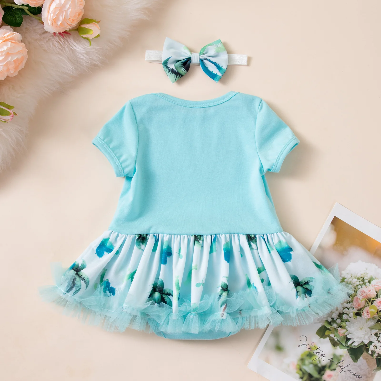 Baby Girl Summer Coconut Tree Print Mesh Halter Dress Headband Two Piece Set Infant Outdoor Vacation Photo Gown