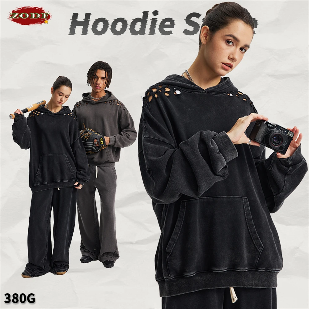 

ZODF Ретро 2025 Осенние мужские толстовки из стираного хлопка 380 г/м2, унисекс, пуловеры с капюшоном и рваными дырками, HY1086