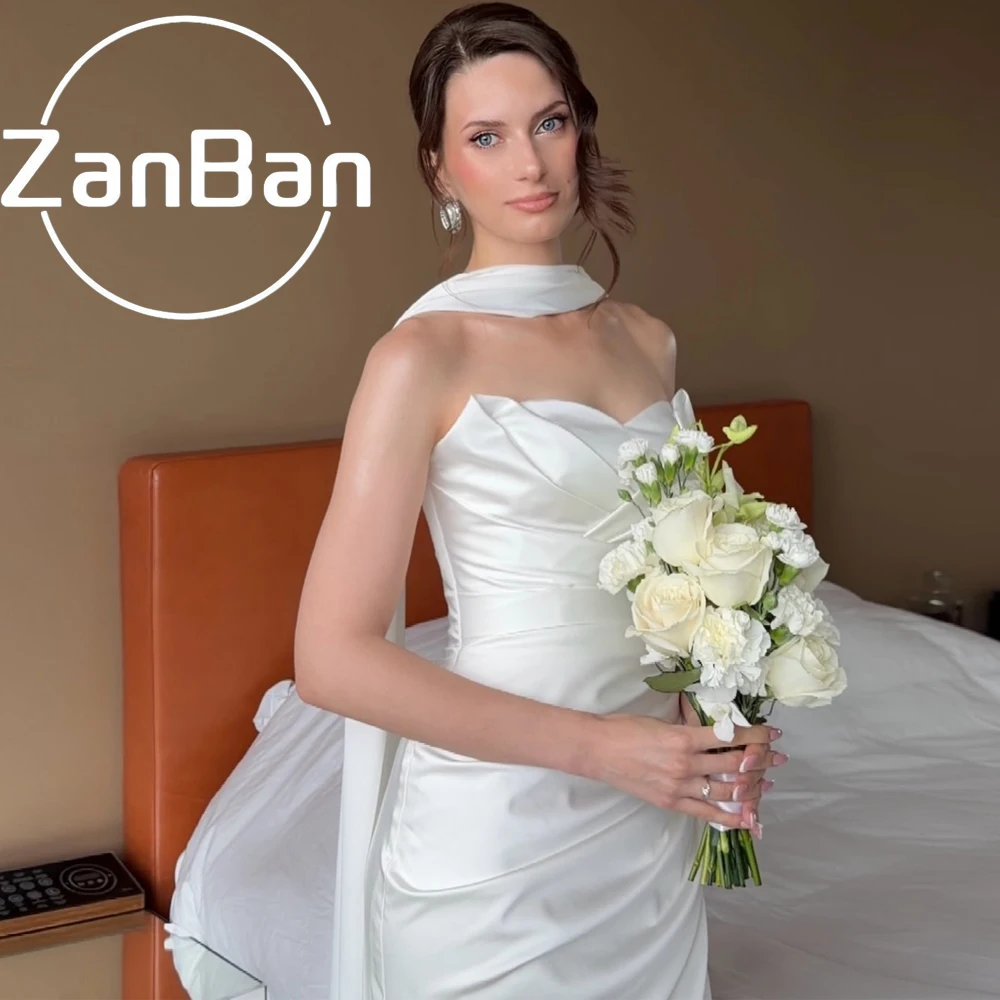ZanBan Simple New Strapless Sleeveless Corset Back Sheath Wedding Dress Satin Scarf Vestidos De Novia Bridal Gown For Photoshoot