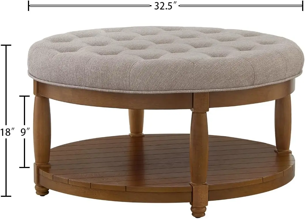 

Upholstered Round Coffee Table with Wooden Shelf,Tufted Button Large Round Ottoman with Spindle Wooden Legs,Linen Large Footrest
