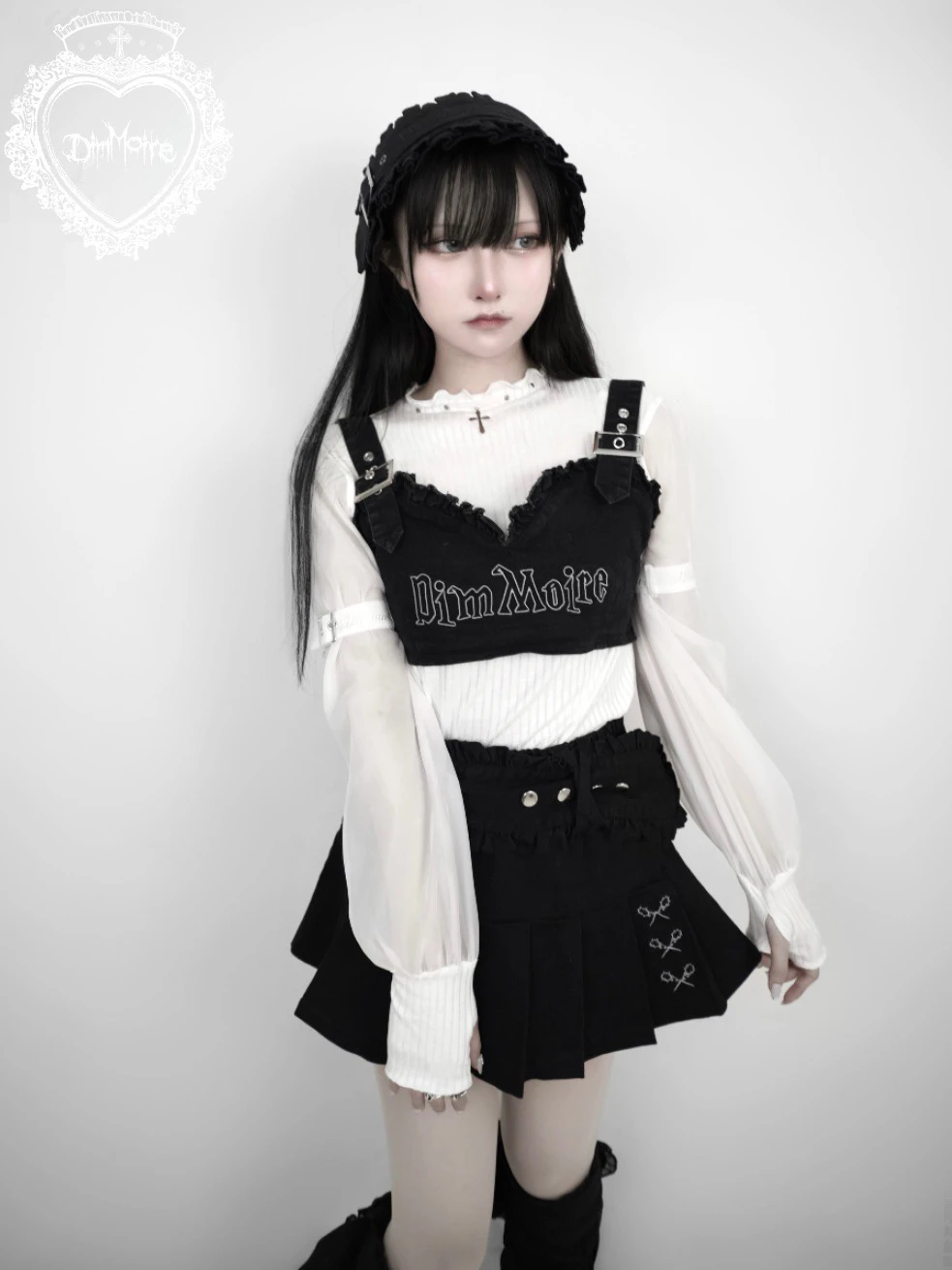 Japanese Style Harajuku Punk Lolita Mass Production Cross Mesh Stitching Bottoming Shirt Spring Women Black and White Knit Top