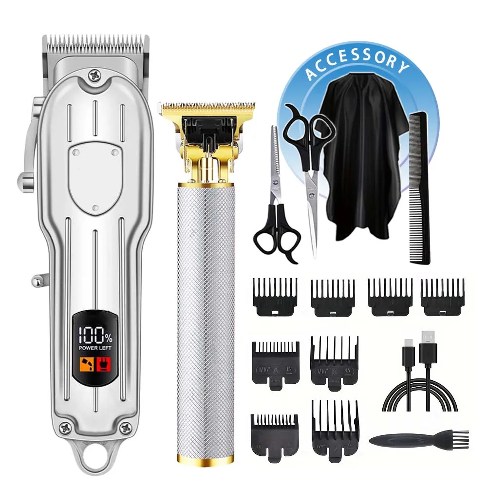 Professional Men's Cordless Electric Clipper, T-Blade Beard Trimming Kit, Haircutting Set with LED Display, Gift for Men