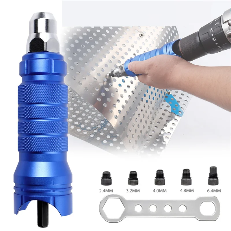 ABRW-Set di strumenti per pistola per dadi per rivetti elettrici a batteria in lega di alluminio Colore blu, 3/32", 1/8", 5/32", 1/4", ugelli con codolo esagonale fai da te