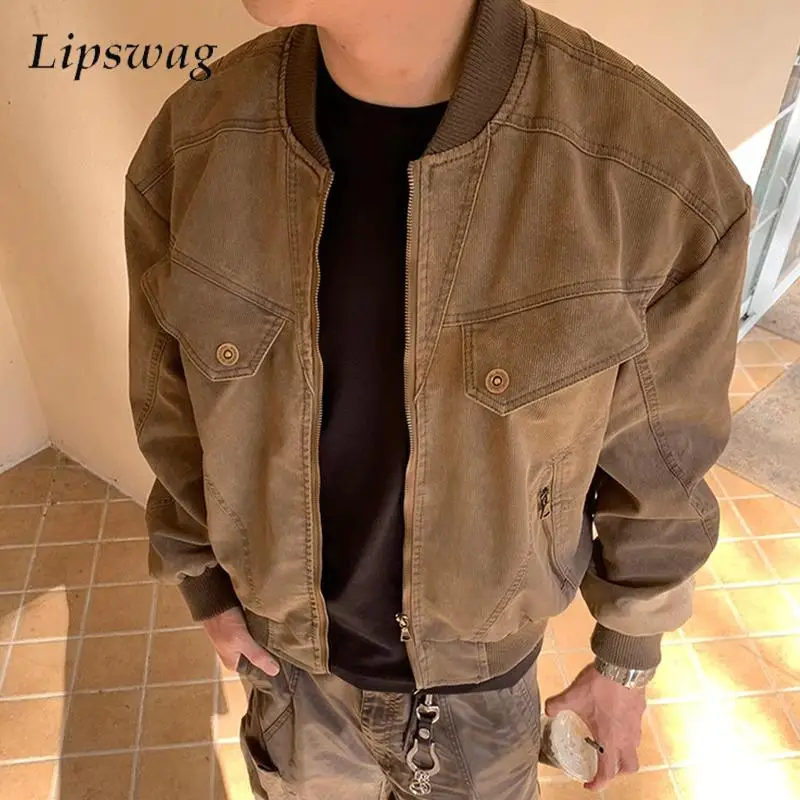 

Trendy Patchwork Corduroy Jacket Coat Mens Streetwear Vintage Zipper Stand Collar Slim Jackets For Men Autumn Casual Outerwear