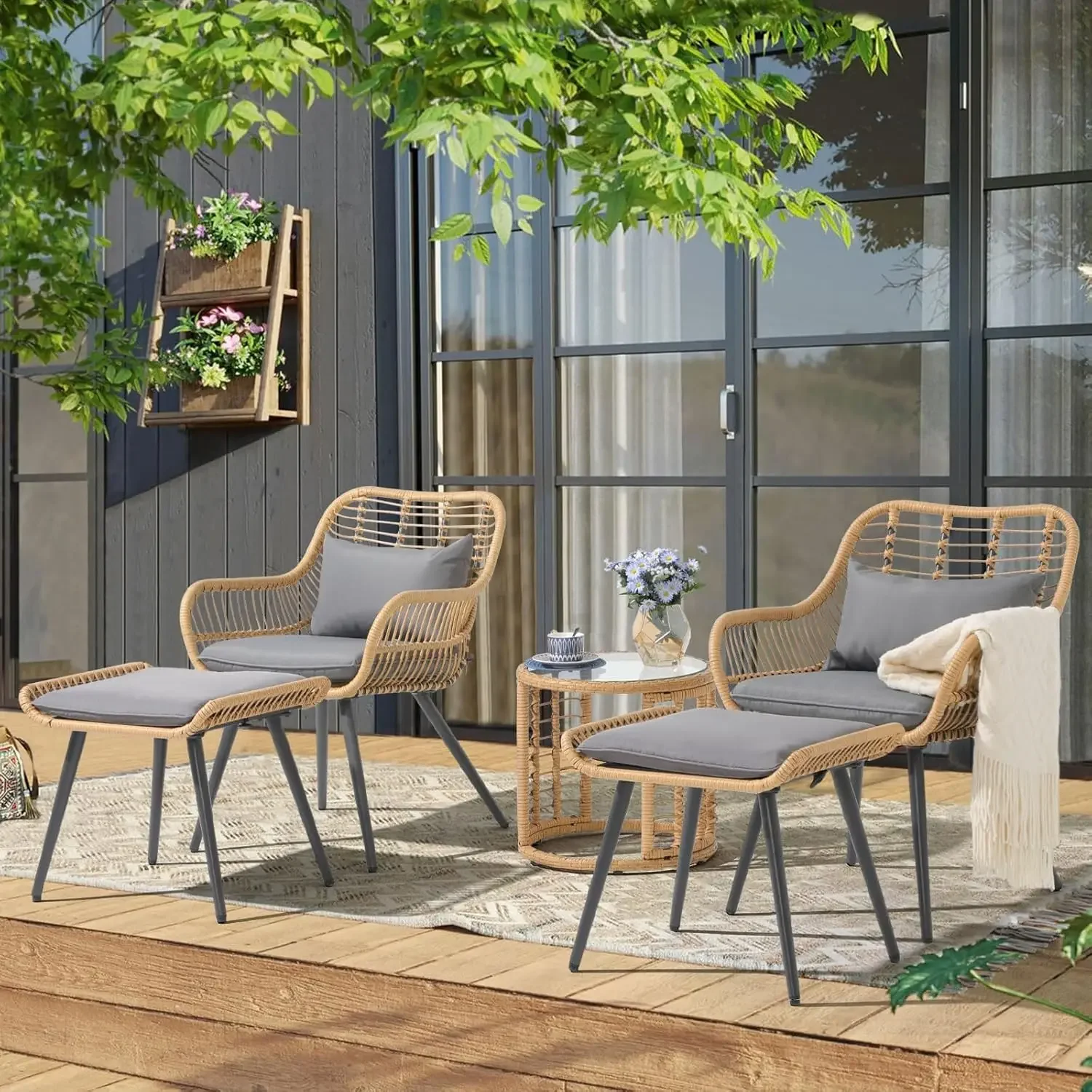 

5 Piece Patio Wicker Conversation Set with Ottomans, Outdoor Furniture Bistro Set with Rattan Chairs and Round Side Table