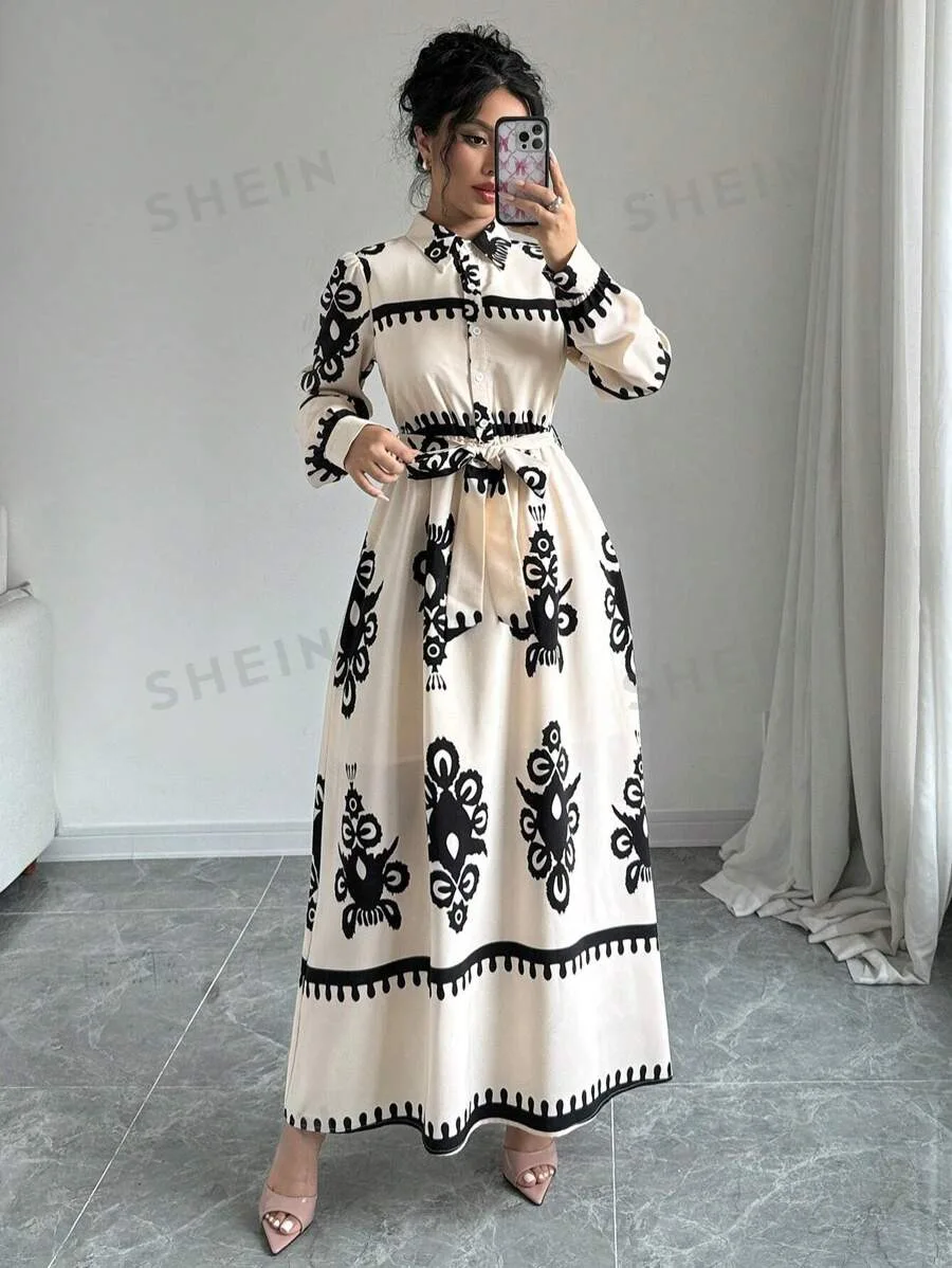 Women\'s Fashion Spring Autumn Print Long Dress Lace Up Long Sleeve A-line Slim Turn-Down Collar Casual Party Ladies Dress