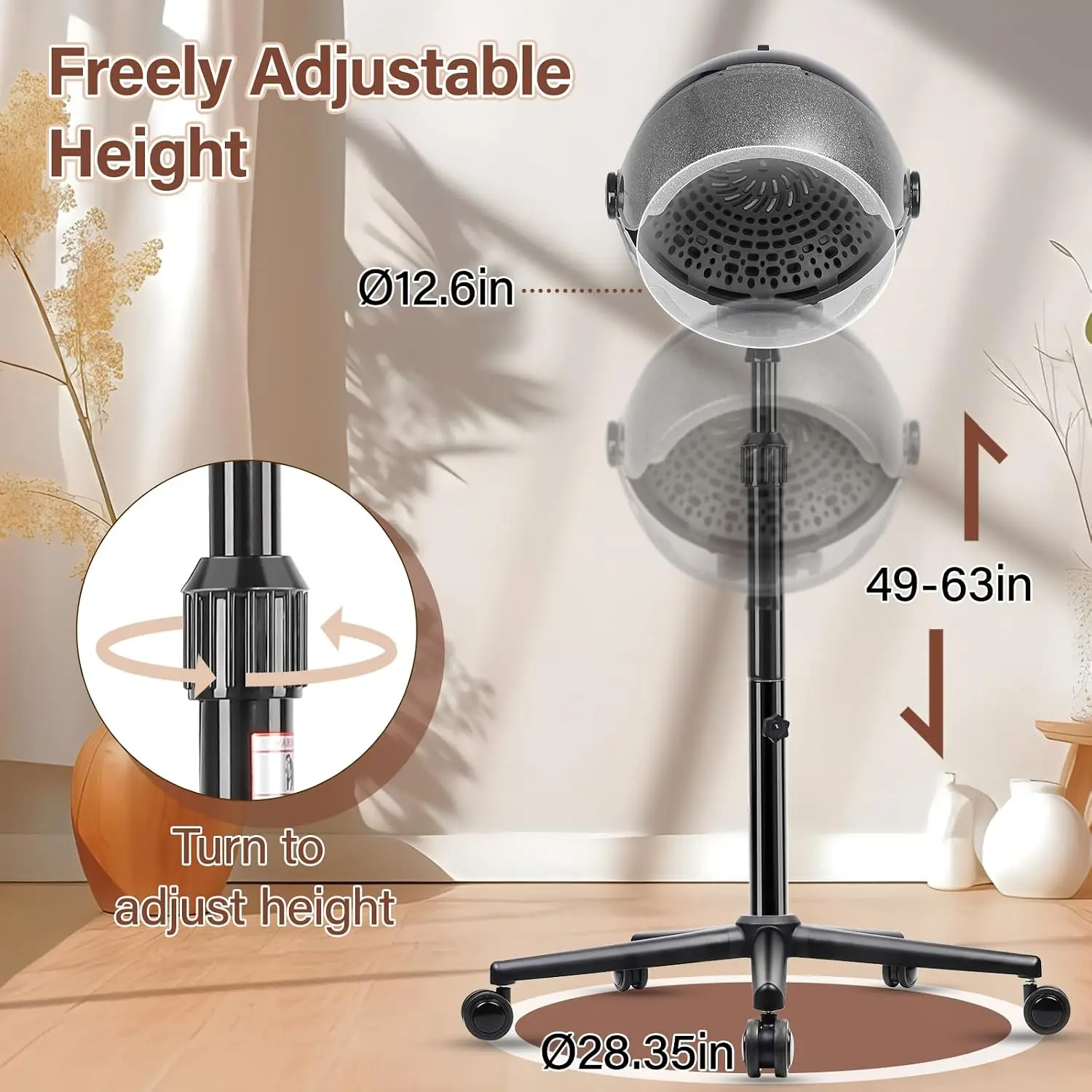 Hooded Hair Dryer Professional Standing Time Setting Touch Controls 3 Temperature Settings Sit Under Height Adjustable Salon Hom