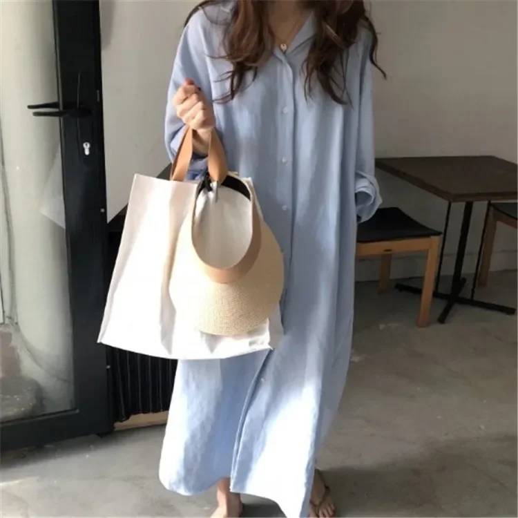 Elegant Loose Contrast Striped Edges Dress Women Casual Lapel V Neck Long Sleeve Straight Vestidos Spring Chic Female Homewear