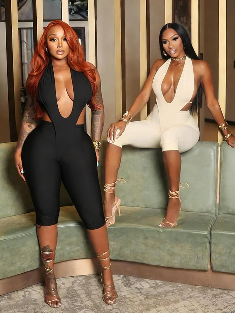 Weird Puss Tuta Corta da Donna con Collo Halter, Senza Vita, Patchwork, Senza Maniche, Scollo sulla Schiena, Estiva, per Club, Aderente, con Dettagli Cut-out, per Attività