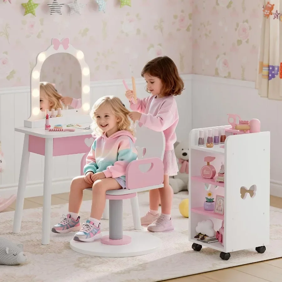 Vanity Set with Light and Barber Chair, Makeup Dressing Vanity Table with Storage Shelf and Hair Salon Play Set 7 pcs Accessori