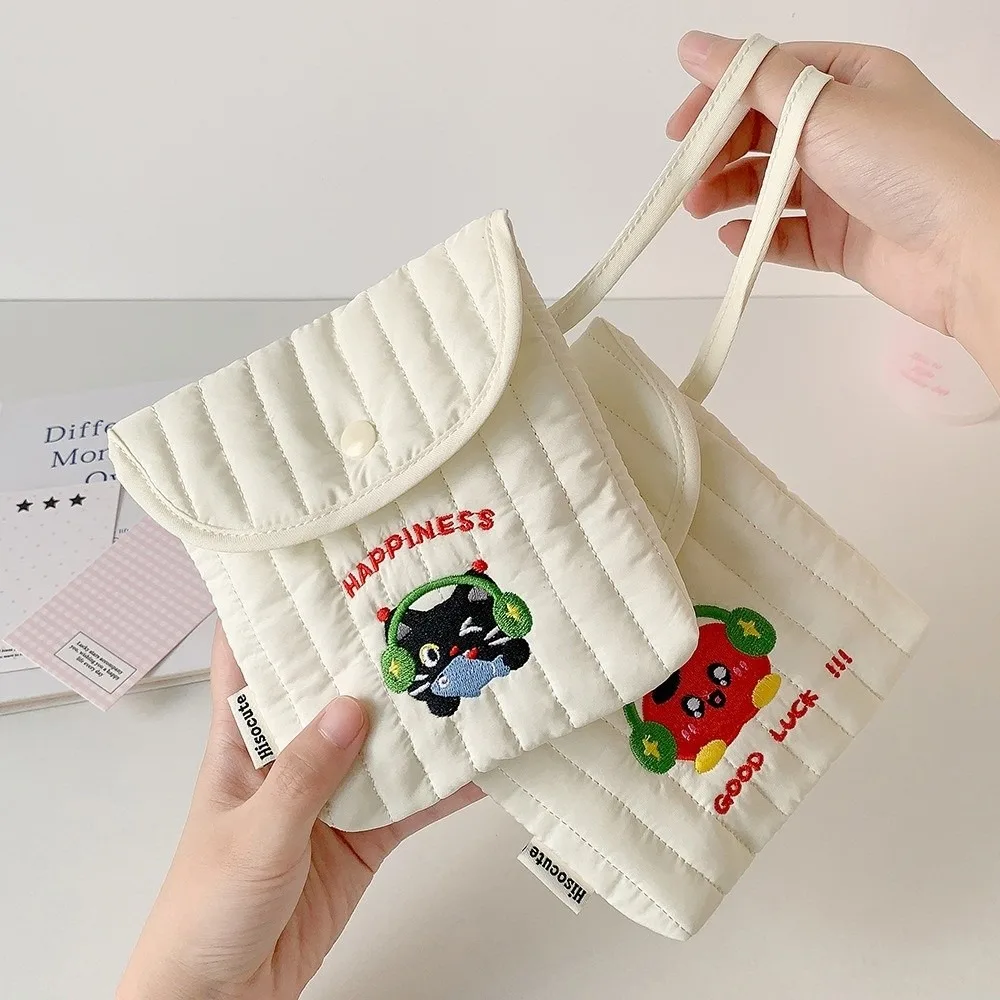 Large Capacity Embroidery Cherry Cosmetic Bag Cat Wristband Sanitary Napkin Storage Bag Cotton Cloth Korean Style