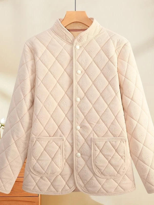 Thickened Fleece Lined Corduroy Jacket for Middle Aged And Elderly Women Winter Warm Cotton Coat Simple Style Polyester Fiber