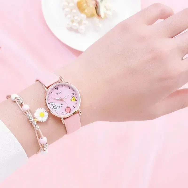 Women Watches Pink Cute Wristwatch Cartoon Pattern Quartz Watch Set for Girls Fashion Students' Clock Relogio Infantil (No Box)